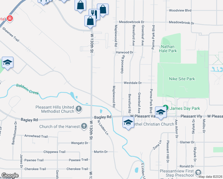 map of restaurants, bars, coffee shops, grocery stores, and more near 7293 Maplewood Road in Parma