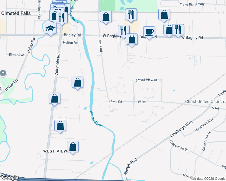 map of restaurants, bars, coffee shops, grocery stores, and more near 24769 Grove Pond Way in Olmsted Falls