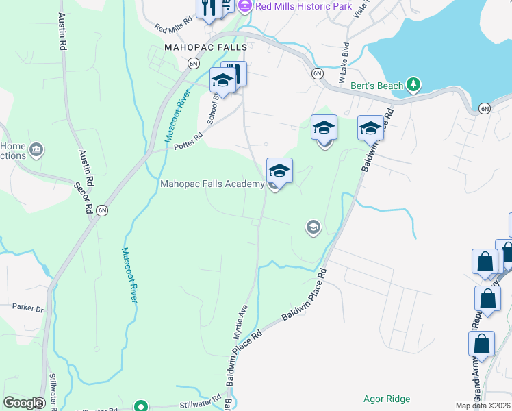map of restaurants, bars, coffee shops, grocery stores, and more near 99 Myrtle Avenue in Mahopac