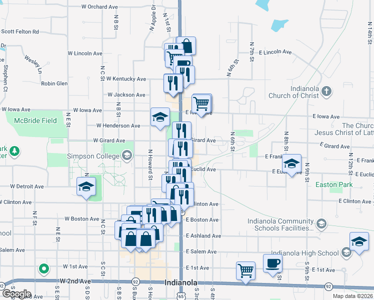 map of restaurants, bars, coffee shops, grocery stores, and more near 700 North Jefferson Way in Indianola
