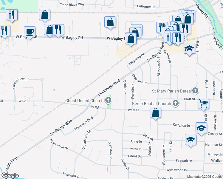 map of restaurants, bars, coffee shops, grocery stores, and more near 8651 Lindbergh Boulevard in Olmsted Falls