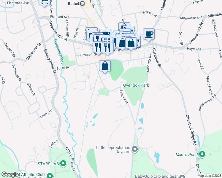 map of restaurants, bars, coffee shops, grocery stores, and more near 26 Taylor Avenue in Bethel