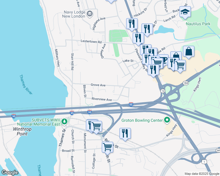 map of restaurants, bars, coffee shops, grocery stores, and more near 151 Grove Avenue in Groton