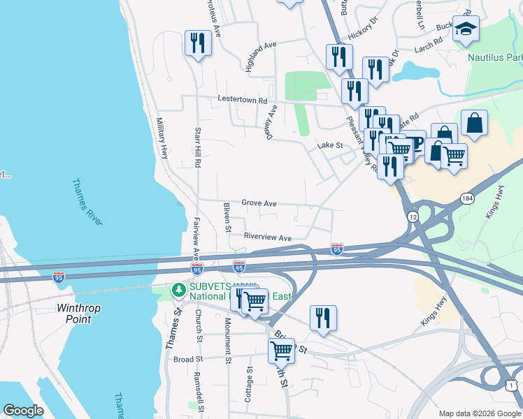 map of restaurants, bars, coffee shops, grocery stores, and more near 10 Fieldside Drive in Groton
