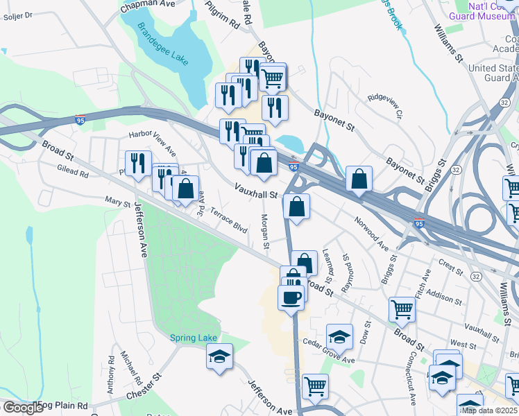 map of restaurants, bars, coffee shops, grocery stores, and more near 70 Morgan Street in New London