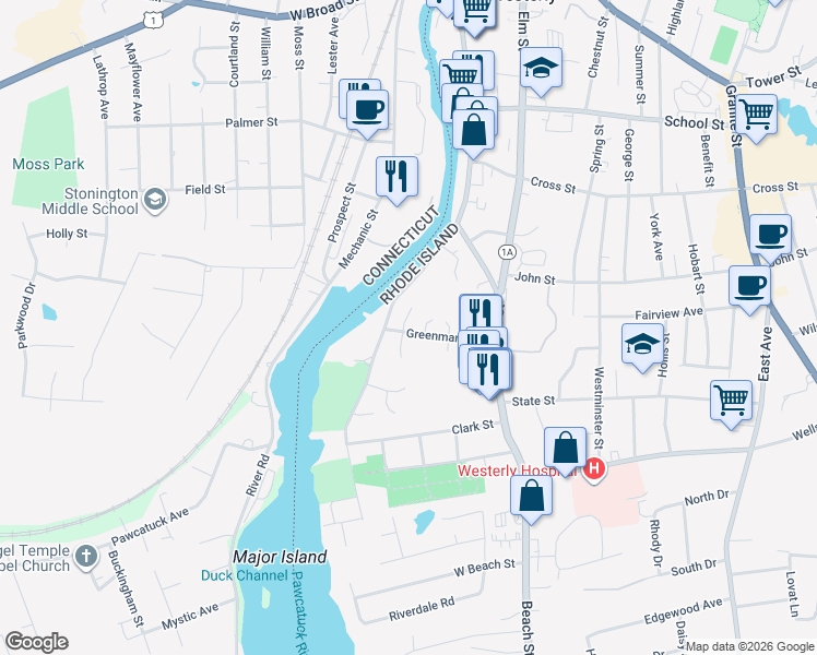 map of restaurants, bars, coffee shops, grocery stores, and more near 31 Greenman Avenue in Westerly