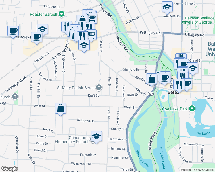 map of restaurants, bars, coffee shops, grocery stores, and more near 210 Fair Street in Berea