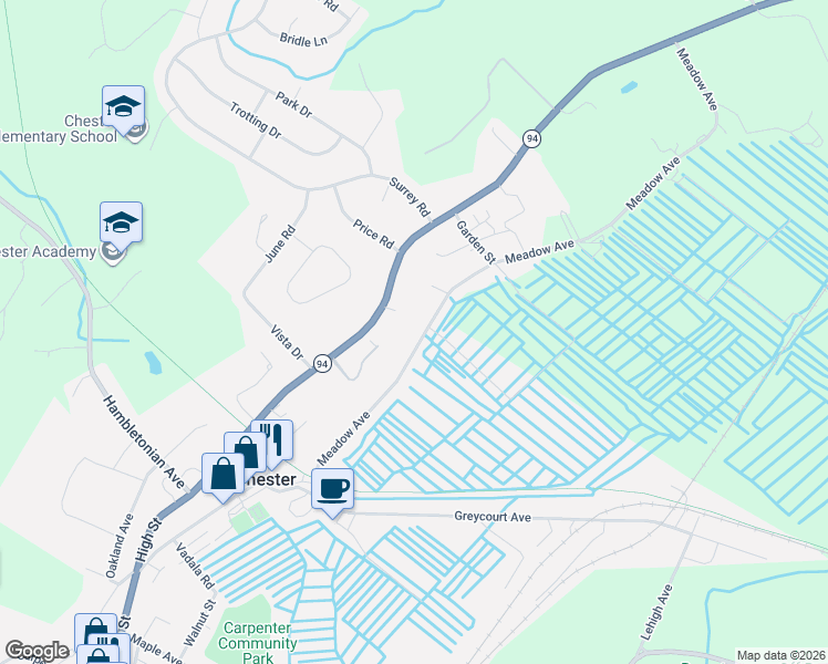 map of restaurants, bars, coffee shops, grocery stores, and more near 35 Meadow Avenue in Chester