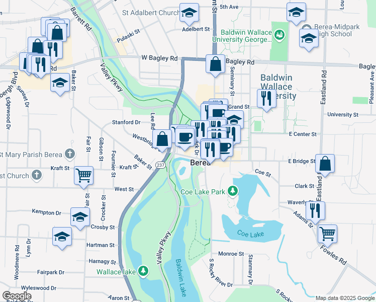 map of restaurants, bars, coffee shops, grocery stores, and more near 46 West Bridge Street in Berea