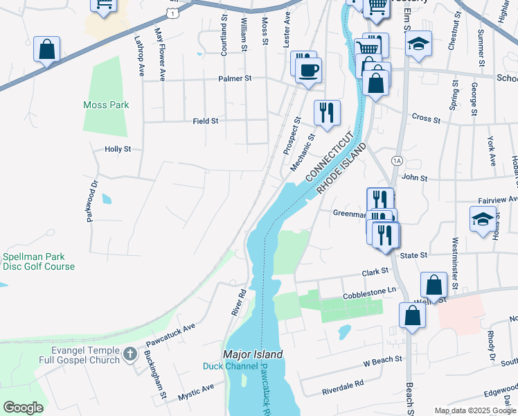 map of restaurants, bars, coffee shops, grocery stores, and more near 167 Mechanic Street in Stonington