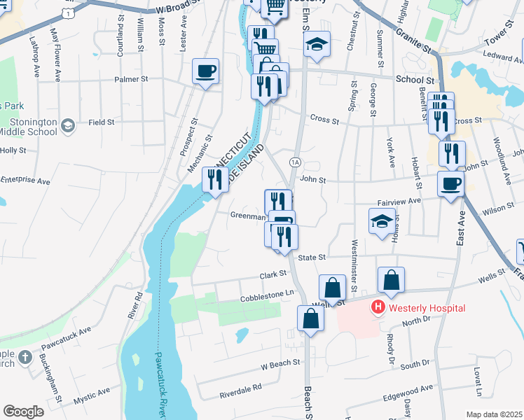 map of restaurants, bars, coffee shops, grocery stores, and more near 19 1/2 Greenman Avenue in Westerly