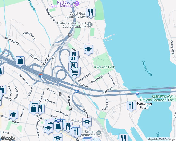 map of restaurants, bars, coffee shops, grocery stores, and more near 33 Grove Street in New London