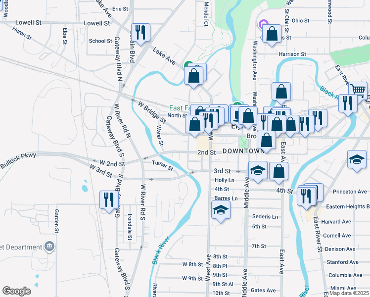 map of restaurants, bars, coffee shops, grocery stores, and more near 511 2nd Street in Elyria