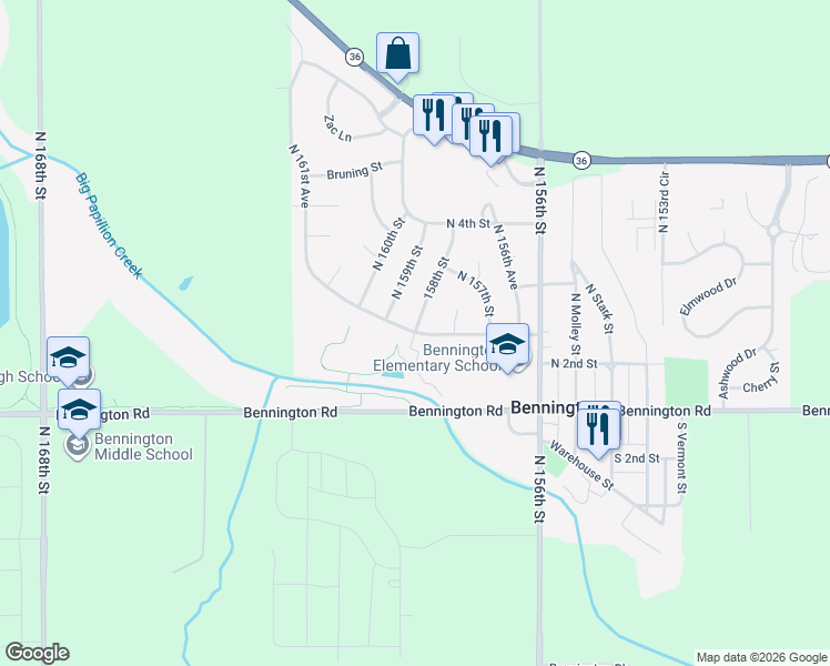 map of restaurants, bars, coffee shops, grocery stores, and more near 11802 North 158th Plaza in Bennington