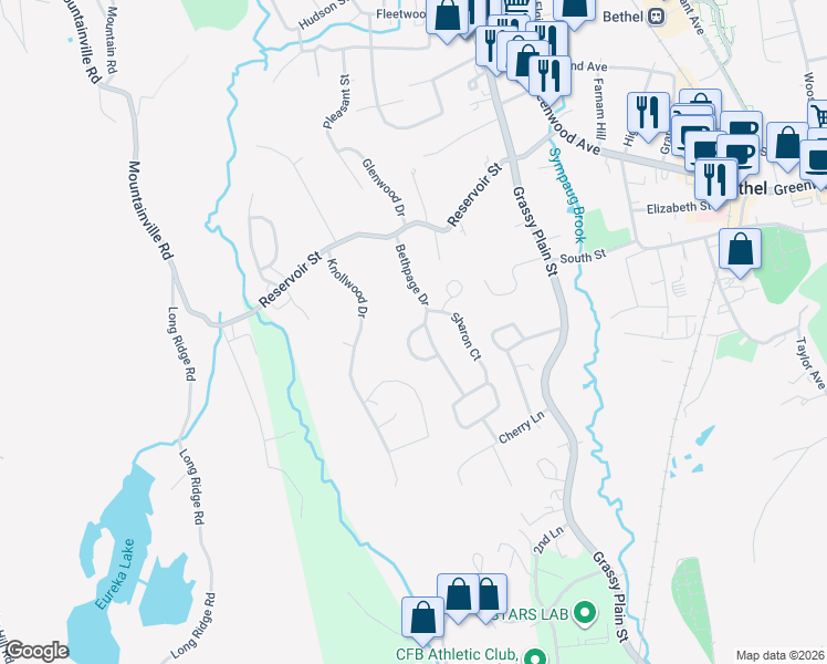 map of restaurants, bars, coffee shops, grocery stores, and more near 32 Bethpage Drive in Bethel
