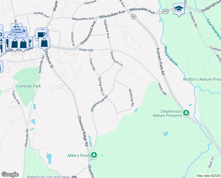 map of restaurants, bars, coffee shops, grocery stores, and more near 17 Whippoorwill Road in Bethel