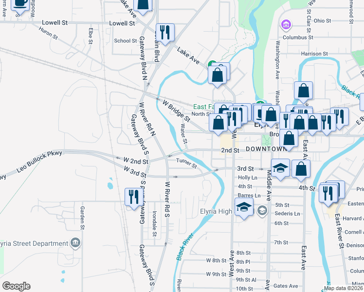 map of restaurants, bars, coffee shops, grocery stores, and more near 121 Water St in Elyria