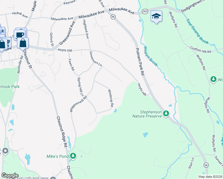 map of restaurants, bars, coffee shops, grocery stores, and more near 12 Winthrop Road in Bethel