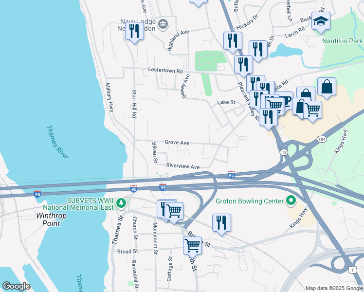 map of restaurants, bars, coffee shops, grocery stores, and more near 115 Grove Avenue in Groton