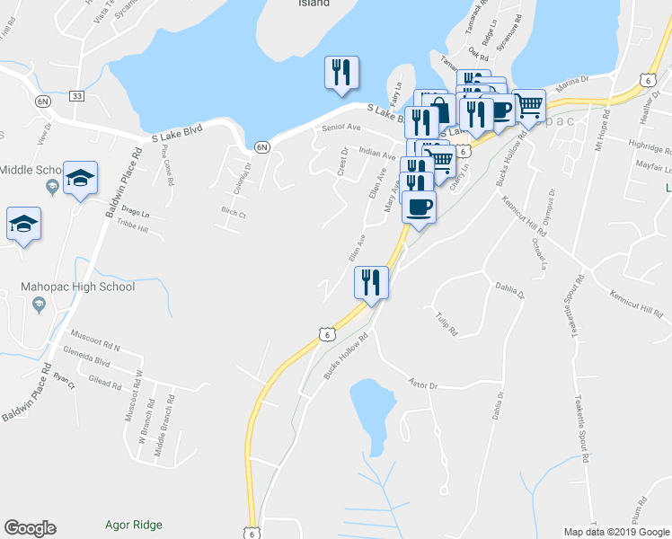 map of restaurants, bars, coffee shops, grocery stores, and more near 75 Ellen Avenue in Mahopac