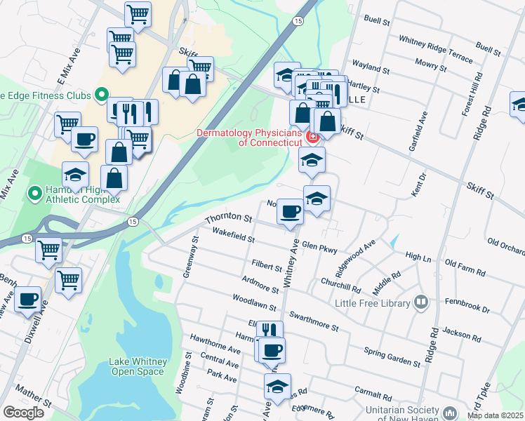 map of restaurants, bars, coffee shops, grocery stores, and more near 115 Bedford Avenue in Hamden