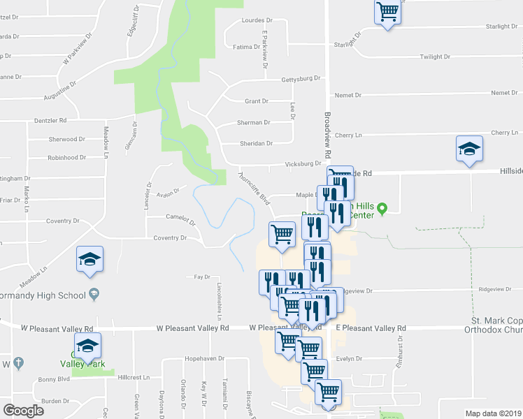 map of restaurants, bars, coffee shops, grocery stores, and more near 7318 Thorncliffe Blvd in Parma
