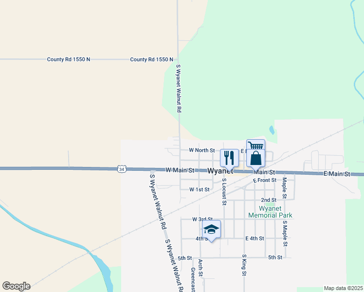 map of restaurants, bars, coffee shops, grocery stores, and more near 216 West North Street in Wyanet