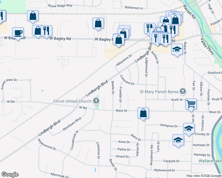 map of restaurants, bars, coffee shops, grocery stores, and more near 214 Beeler Drive in Berea