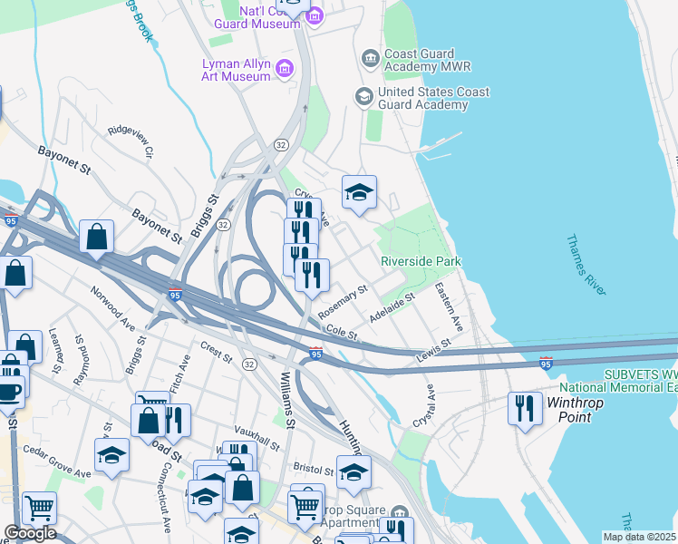 map of restaurants, bars, coffee shops, grocery stores, and more near 33 Grove Street in New London