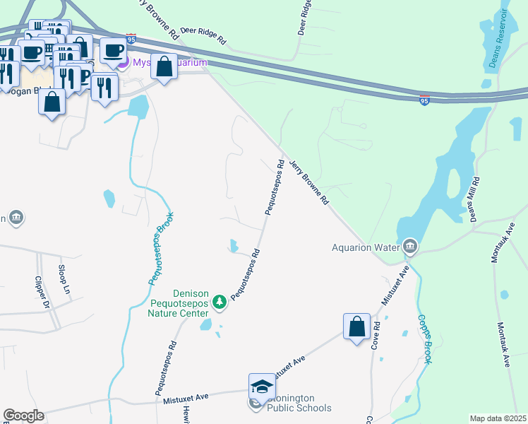 map of restaurants, bars, coffee shops, grocery stores, and more near 44 Pequotsepos Road in Stonington