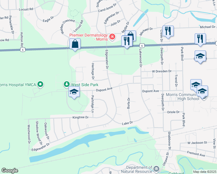 map of restaurants, bars, coffee shops, grocery stores, and more near 1112 Edgewater Drive in Morris