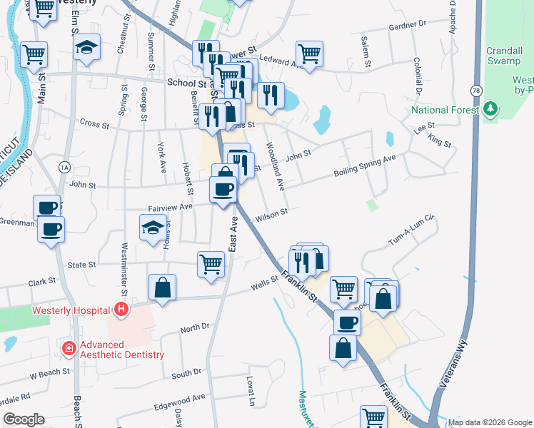 map of restaurants, bars, coffee shops, grocery stores, and more near 10 Wilson Street in Westerly