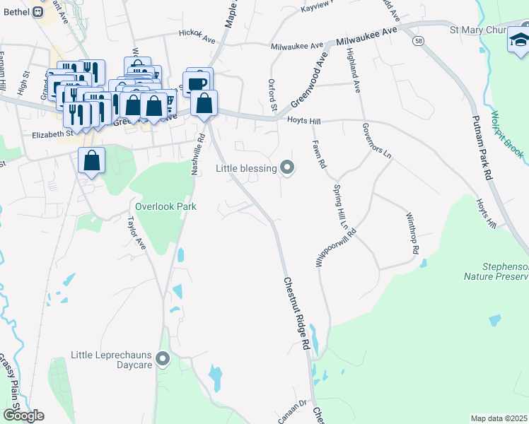 map of restaurants, bars, coffee shops, grocery stores, and more near 100 Chestnut Ridge Road in Bethel
