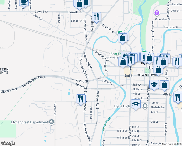map of restaurants, bars, coffee shops, grocery stores, and more near 236 West River Road South in Elyria