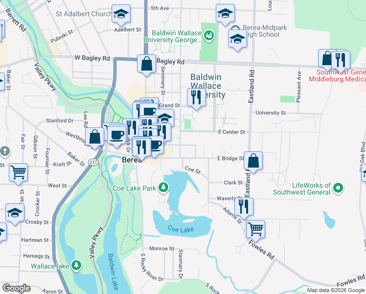 map of restaurants, bars, coffee shops, grocery stores, and more near 10 Seminary Street in Berea