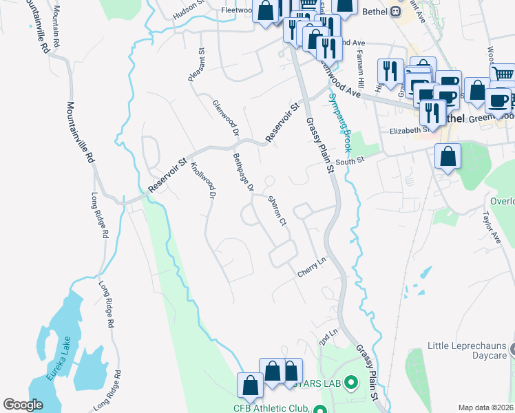 map of restaurants, bars, coffee shops, grocery stores, and more near 32 Bethpage Drive in Bethel