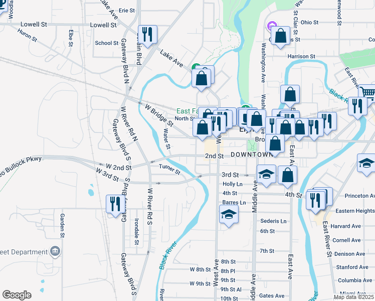 map of restaurants, bars, coffee shops, grocery stores, and more near 511 2nd St in Elyria
