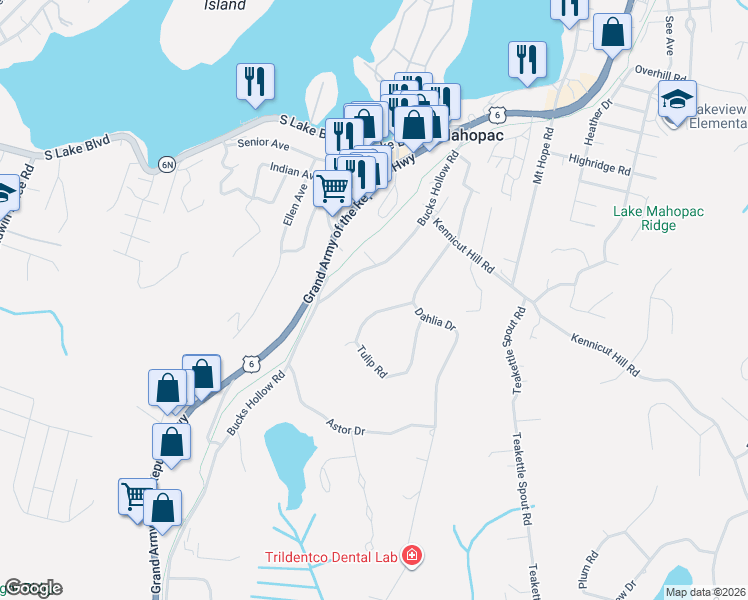 map of restaurants, bars, coffee shops, grocery stores, and more near 81 Tulip Road in Mahopac