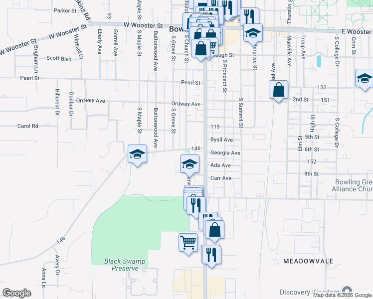 map of restaurants, bars, coffee shops, grocery stores, and more near 223 Sand Ridge Road in Bowling Green