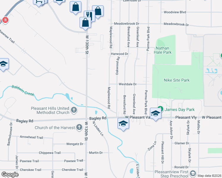 map of restaurants, bars, coffee shops, grocery stores, and more near 7293 Maplewood Road in Parma