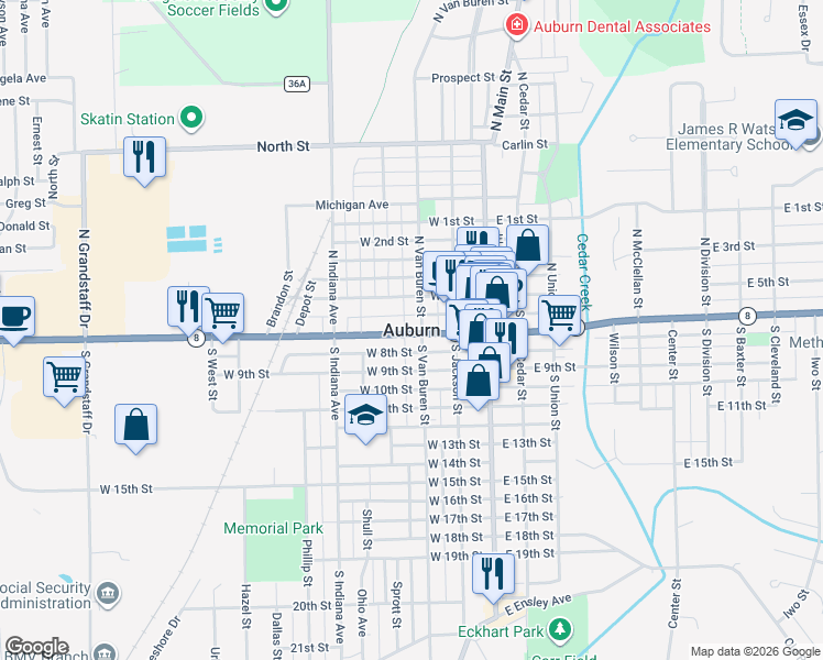 map of restaurants, bars, coffee shops, grocery stores, and more near in Auburn