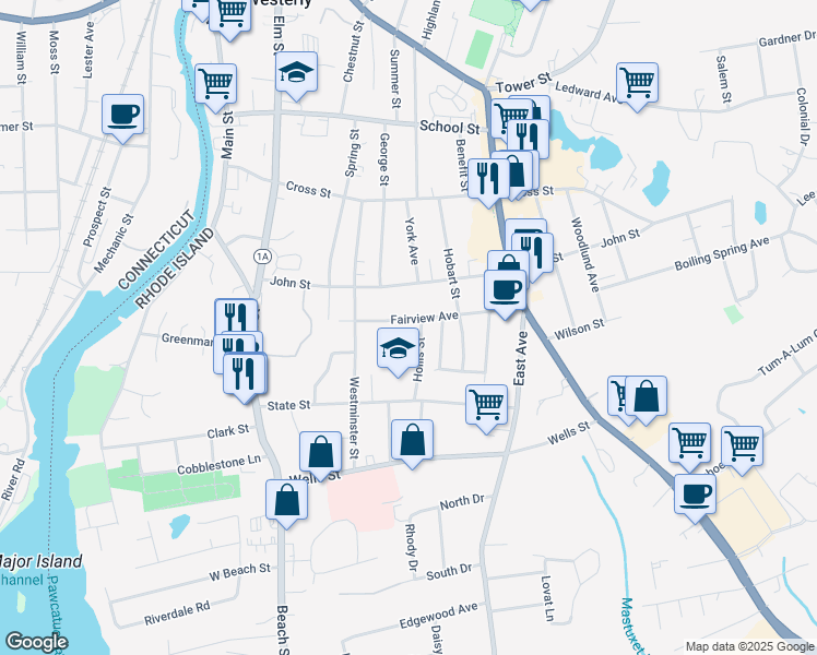 map of restaurants, bars, coffee shops, grocery stores, and more near 26 Fairview Avenue in Westerly