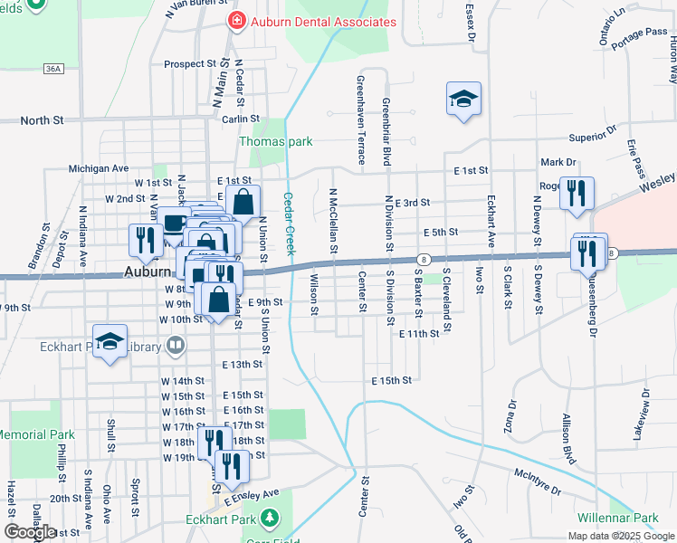 map of restaurants, bars, coffee shops, grocery stores, and more near 101-137 S McClellan St in Auburn