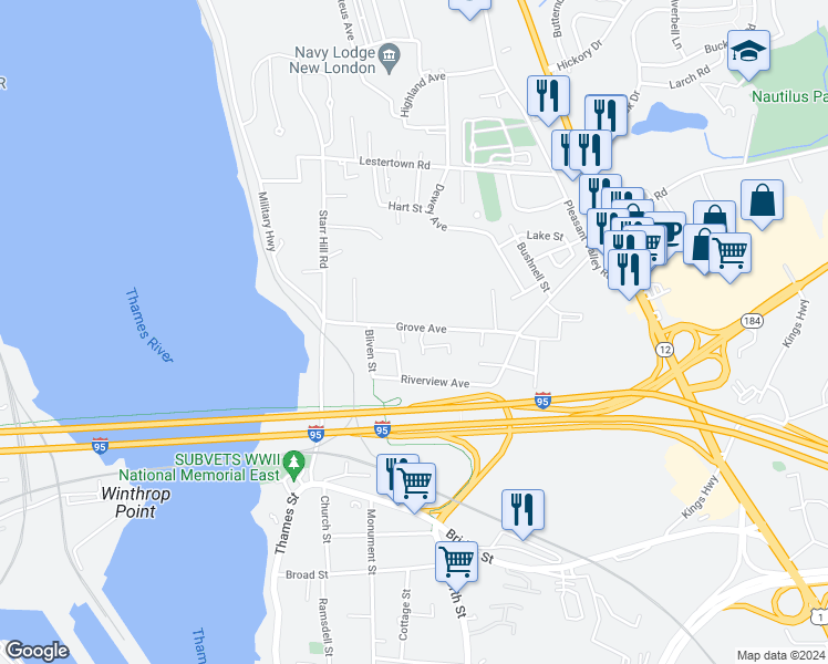 map of restaurants, bars, coffee shops, grocery stores, and more near 99 Grove Avenue in Groton
