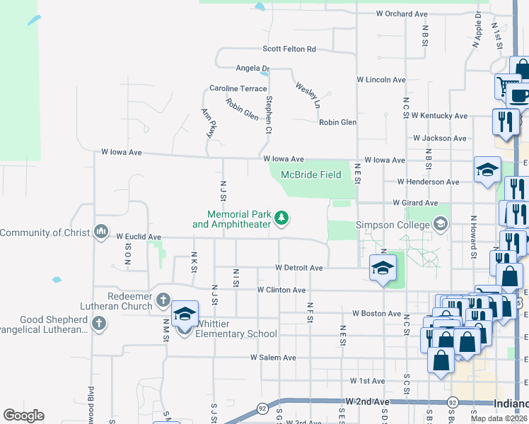 map of restaurants, bars, coffee shops, grocery stores, and more near 703 North G Street in Indianola
