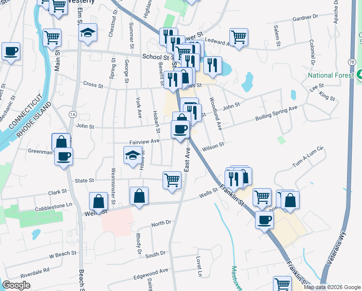 map of restaurants, bars, coffee shops, grocery stores, and more near 9 East Avenue in Westerly