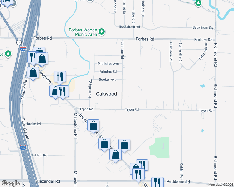 map of restaurants, bars, coffee shops, grocery stores, and more near 7318 Lamson Rd in Bedford