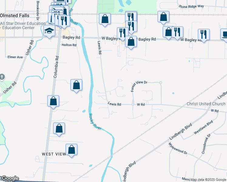map of restaurants, bars, coffee shops, grocery stores, and more near 24769 Grove Pond Way in Olmsted Falls