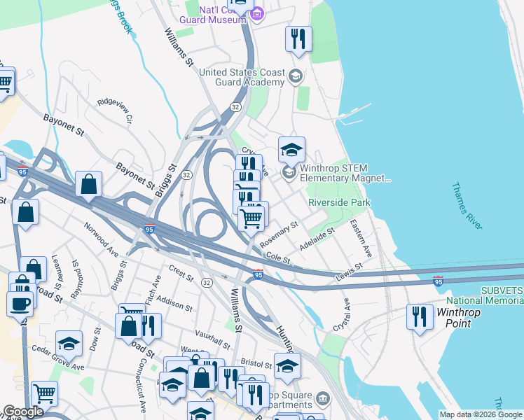 map of restaurants, bars, coffee shops, grocery stores, and more near 447 Williams Street in New London