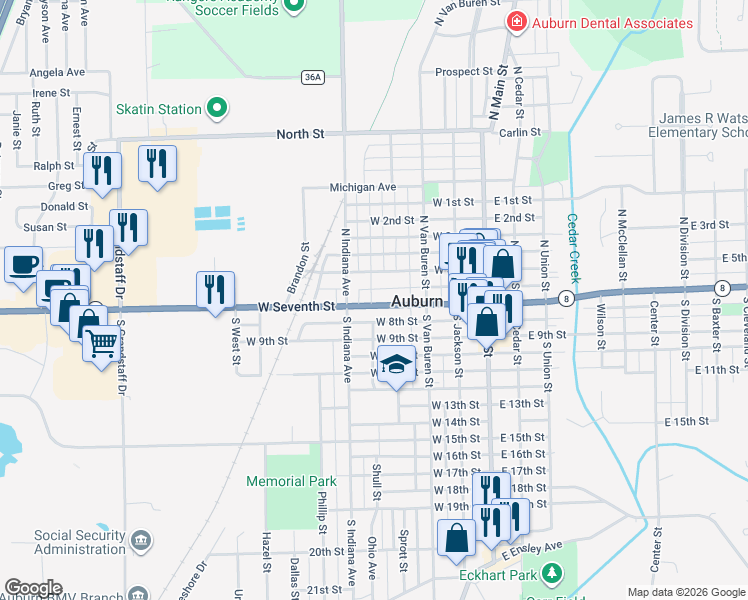 map of restaurants, bars, coffee shops, grocery stores, and more near 342 West 7th Street in Auburn